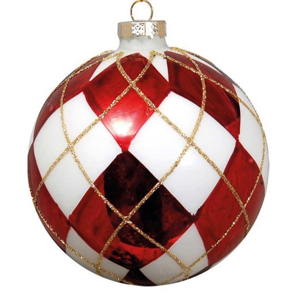 Χριστουγεννιάτικη Γυάλινη Μπάλα Καρό Κόκκινο με Λευκό (10cm)